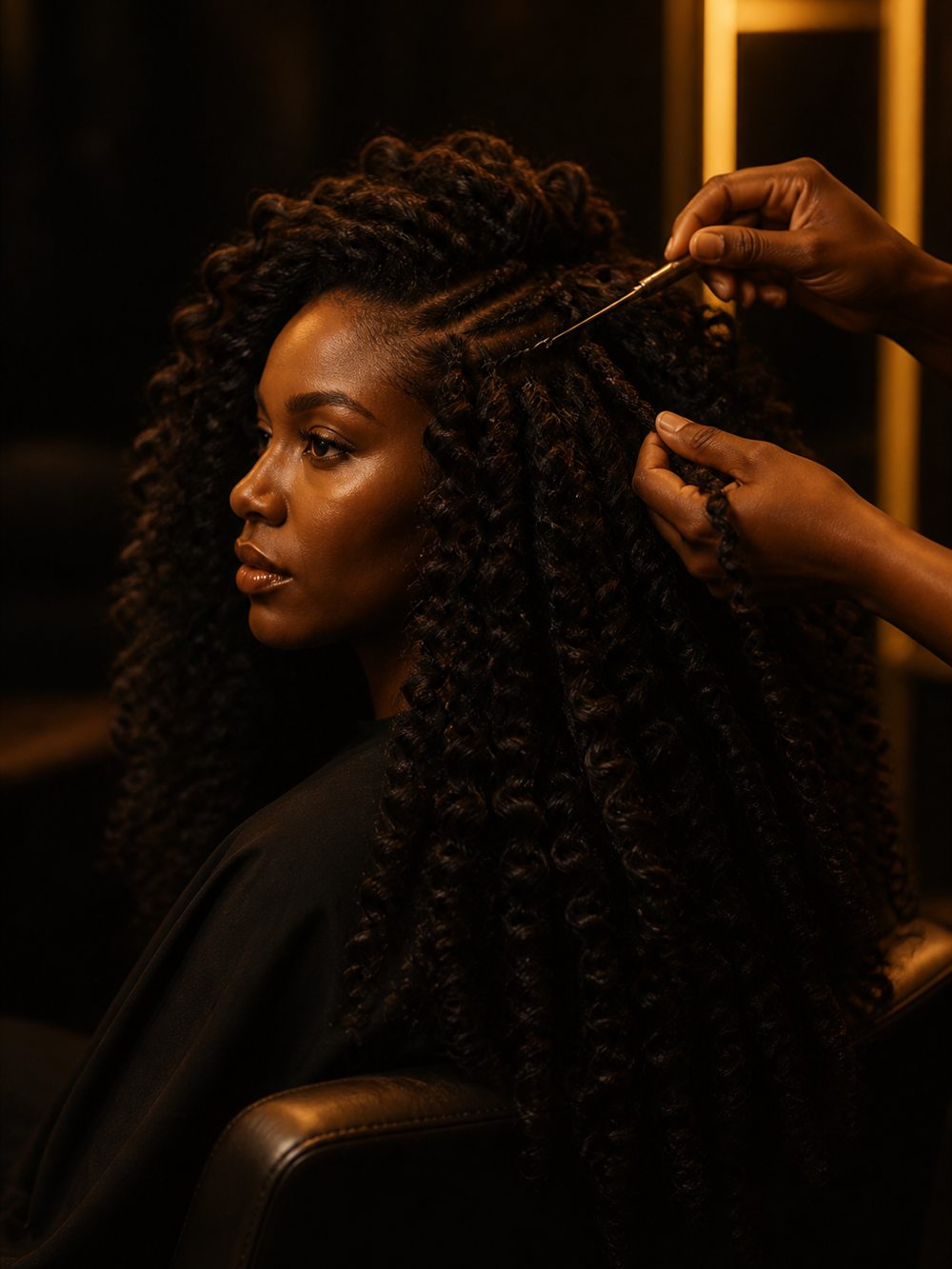 Crochet braids being installed in springy curls