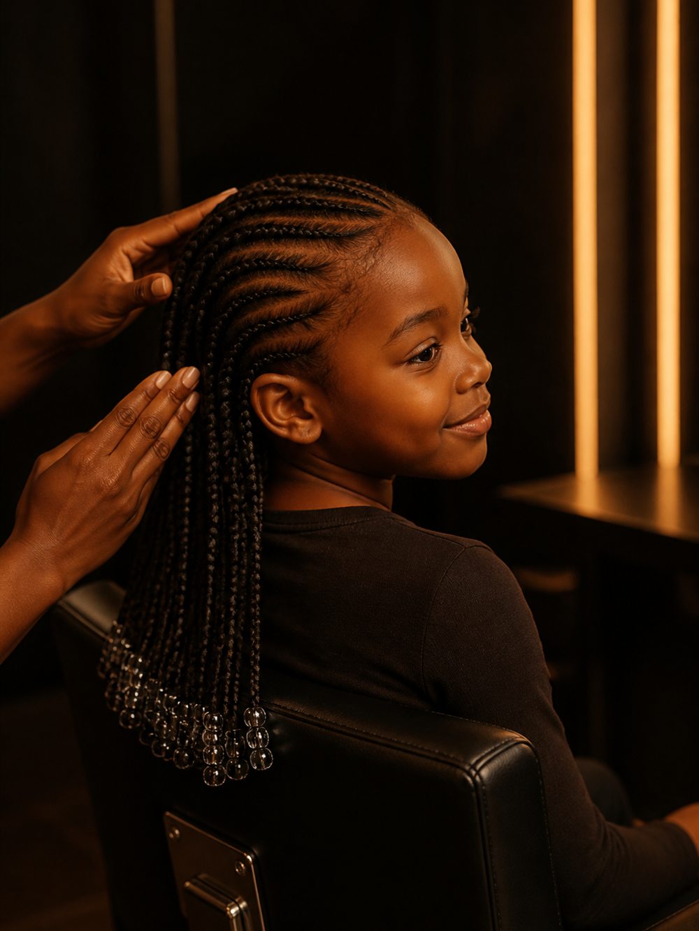Child in the salon chair with freshly beaded cornrows