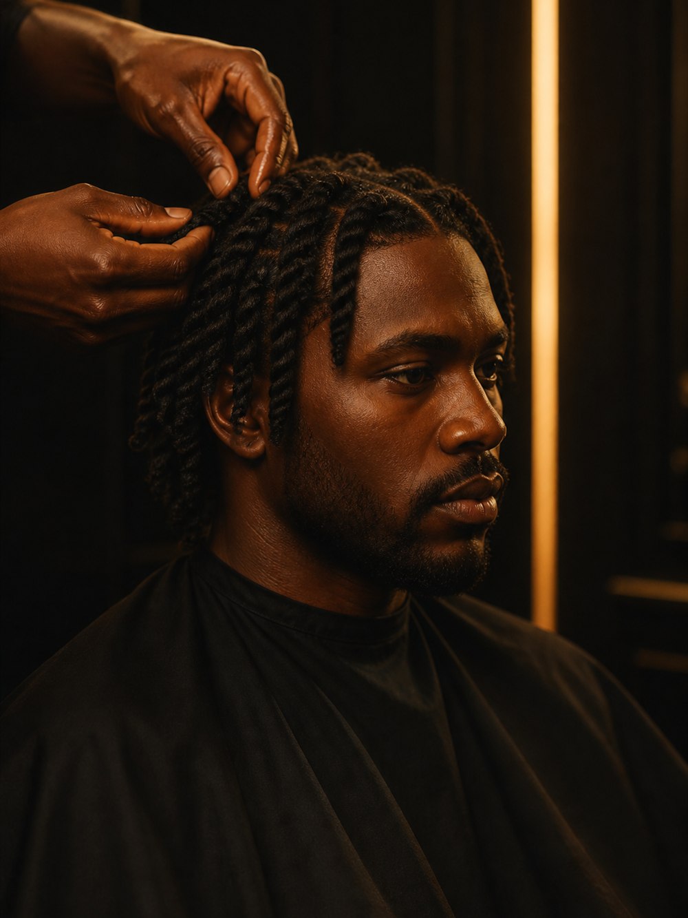 Two-strand twists being finished by hand in the salon chair