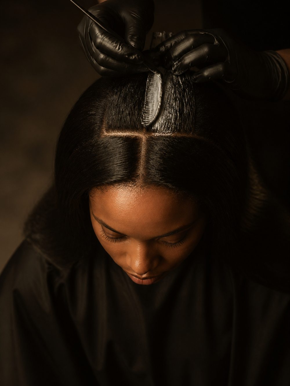 Relaxer cream smoothed through freshly sectioned roots