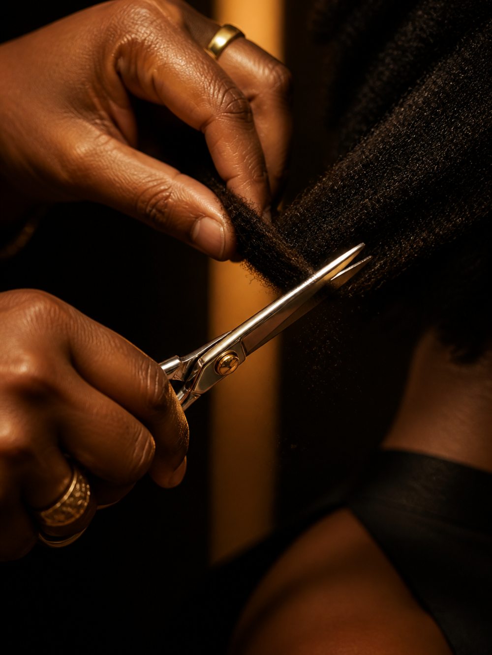 Shears trimming the ends of textured hair