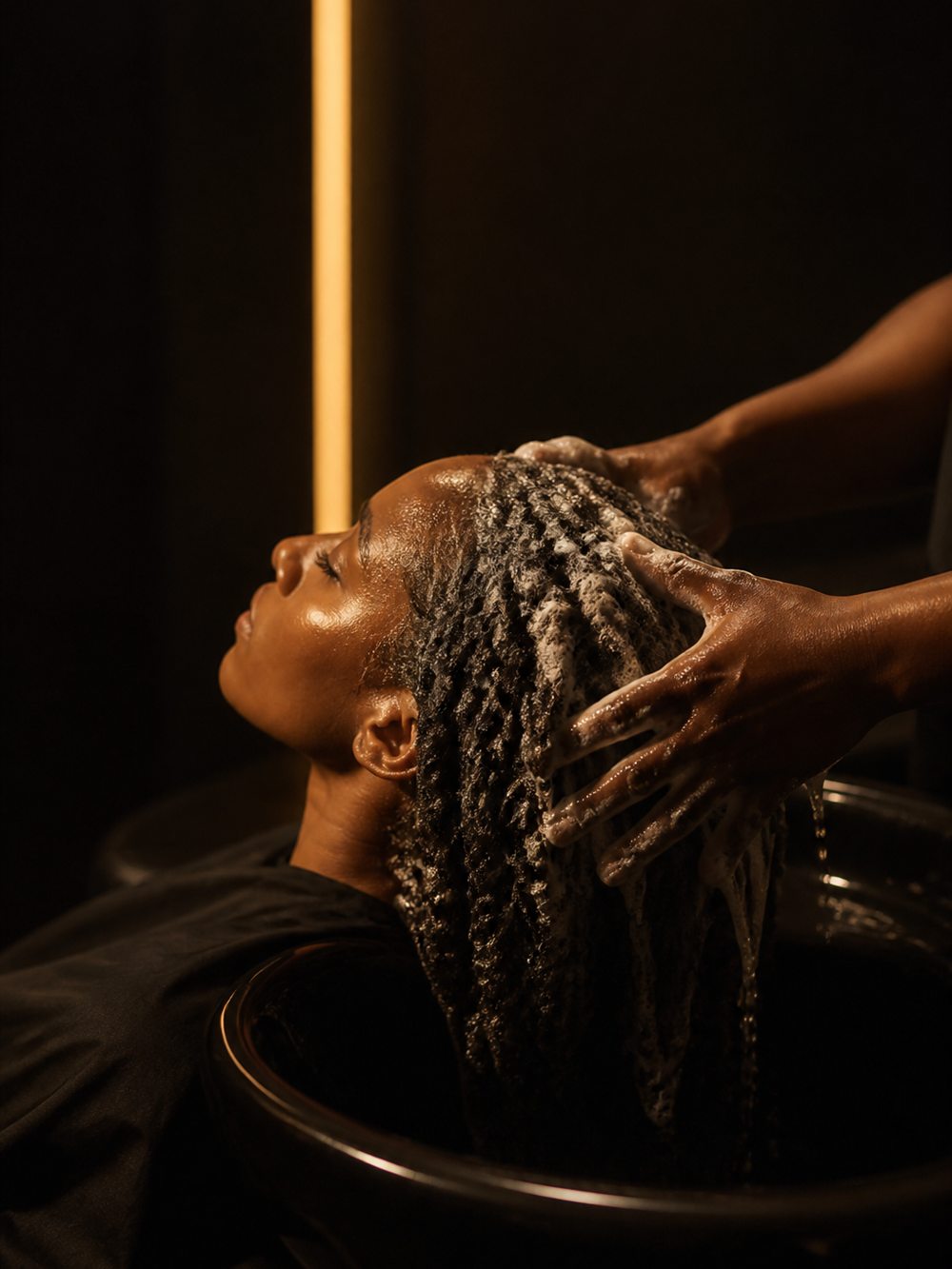 Shampoo lathered through wet hair at the salon basin