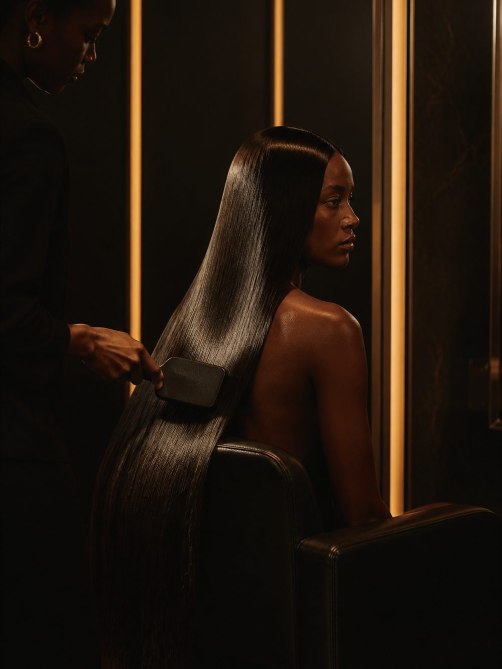 Long sew-in weave brushed through to a sleek finish